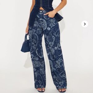 Fashion Nova Paisley Dreams Jacquard Wide Leg Jeans - Dark Wash